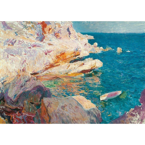 Rock at Javea and the White Boat  White Modern Wood Framed Art Print by Bastida, Joaquin Sorolla y