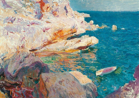 Rock at Javea and the White Boat  Black Ornate Wood Framed Art Print with Double Matting by Bastida, Joaquin Sorolla y