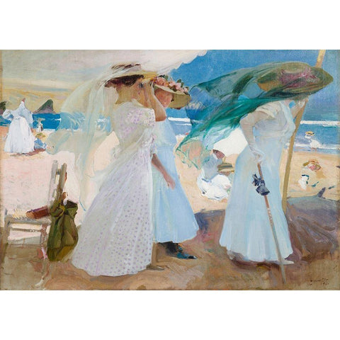 Under the Awning- Zarauz Black Modern Wood Framed Art Print by Bastida, Joaquin Sorolla y