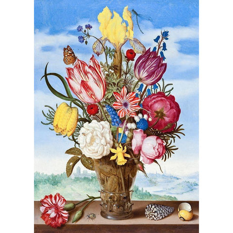 Bouquet of Flowers on a Ledge White Modern Wood Framed Art Print by Bosschaert, Ambrosius the Elder