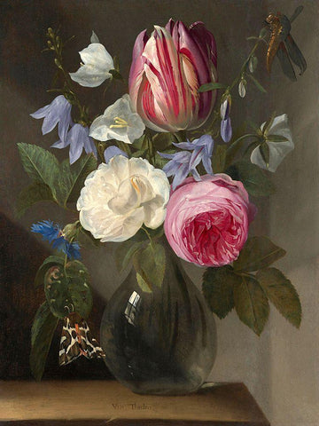 Roses and a Tulip in a Glass Vase White Modern Wood Framed Art Print with Double Matting by van Thielen, Jan Philips