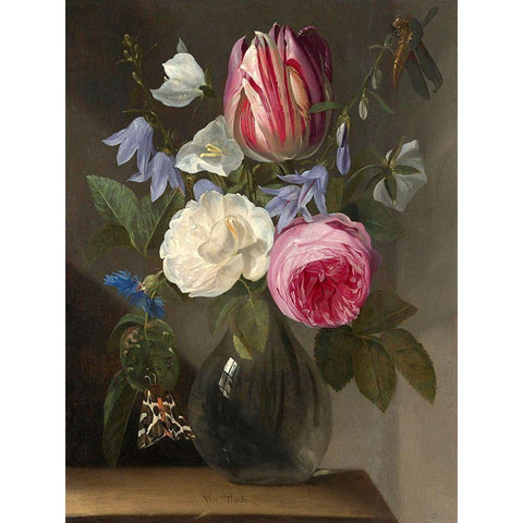 Roses and a Tulip in a Glass Vase White Modern Wood Framed Art Print by van Thielen, Jan Philips