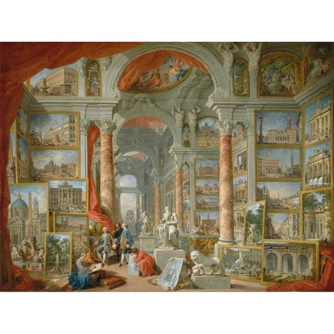 Galleria con vedute di Roma antica Gold Ornate Wood Framed Art Print with Double Matting by Panini, Giovanni Paolo