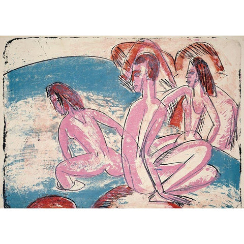 Three Bathers by Stones White Modern Wood Framed Art Print by Kirchner, Ernst Ludwig