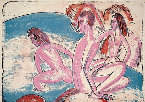 Three Bathers by Stones White Modern Wood Framed Art Print with Double Matting by Kirchner, Ernst Ludwig