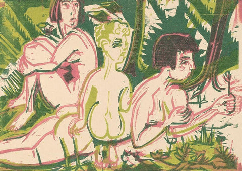 Nude Women with a Child in the Forest Black Ornate Wood Framed Art Print with Double Matting by Kirchner, Ernst Ludwig