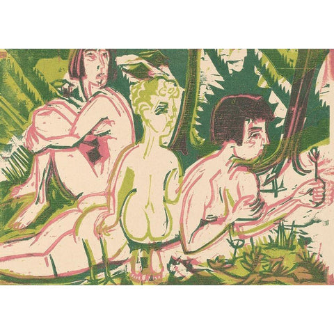 Nude Women with a Child in the Forest White Modern Wood Framed Art Print by Kirchner, Ernst Ludwig