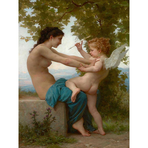 A Young Girl Defending Herself against Eros Gold Ornate Wood Framed Art Print with Double Matting by Bouguereau, William-Adolphe
