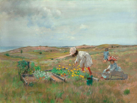 Gathering Flowers-Shinnecock-Long Island Black Ornate Wood Framed Art Print with Double Matting by Chase, William Merritt