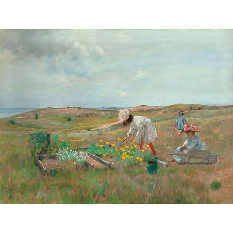 Gathering Flowers-Shinnecock-Long Island White Modern Wood Framed Art Print by Chase, William Merritt