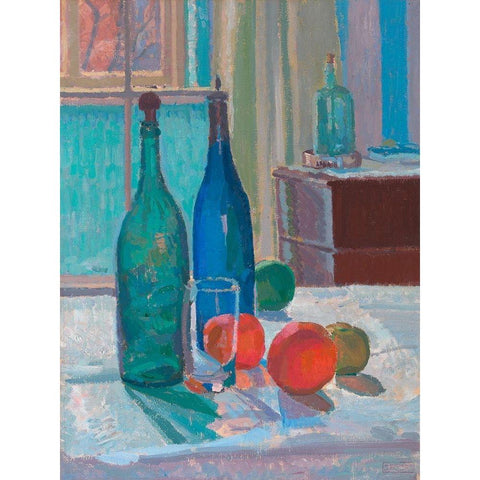 Blue and Green Bottles and Oranges Gold Ornate Wood Framed Art Print with Double Matting by Gore, Spencer Frederick