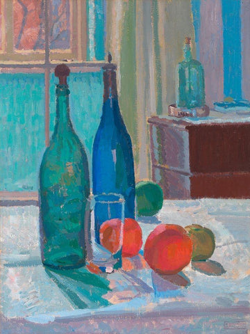 Blue and Green Bottles and Oranges White Modern Wood Framed Art Print with Double Matting by Gore, Spencer Frederick