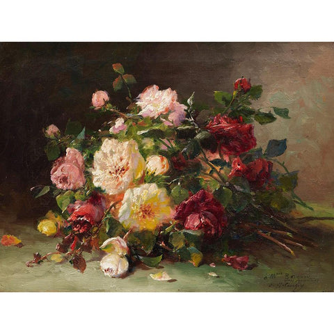 Bouquet de roses Gold Ornate Wood Framed Art Print with Double Matting by Cauchois, Eugene Henri
