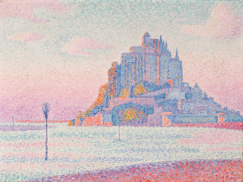 Mont Saint-Michel, Setting Sun White Modern Wood Framed Art Print with Double Matting by Signac, Paul
