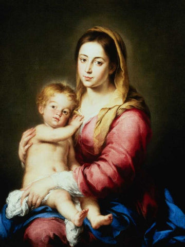 The Virgin and Child White Modern Wood Framed Art Print with Double Matting by Murillo, Bartolome Esteban