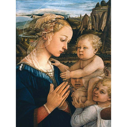 Madonna col Bambino e angeli (detail) White Modern Wood Framed Art Print by Lippi, Filippo