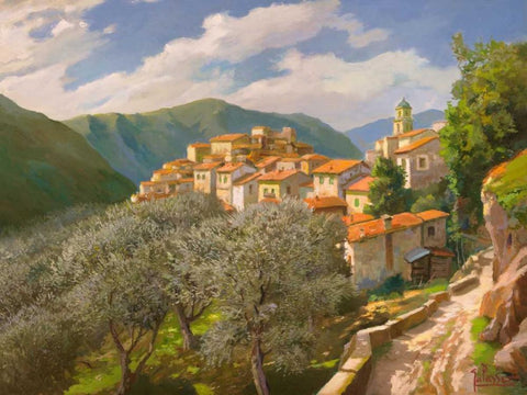 Borgo degli ulivi White Modern Wood Framed Art Print with Double Matting by Galasso, Adriano