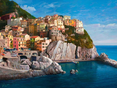 Manarola-Le Cinque Terre White Modern Wood Framed Art Print with Double Matting by Galasso, Adriano
