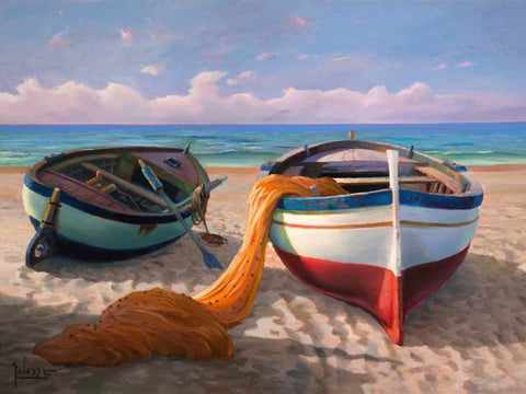 Barche sulla spiaggia Black Ornate Wood Framed Art Print with Double Matting by Galasso, Adriano