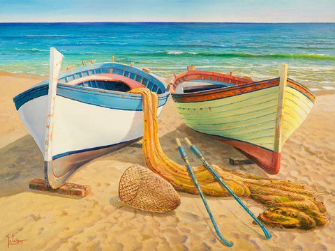 Barche sulla spiaggia White Modern Wood Framed Art Print with Double Matting by Galasso, Adriano