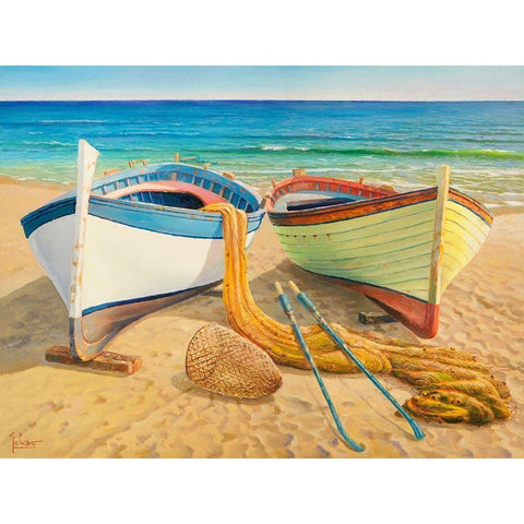 Barche sulla spiaggia Black Modern Wood Framed Art Print by Galasso, Adriano