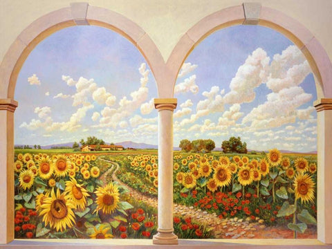 Strada dei girasoli White Modern Wood Framed Art Print with Double Matting by Del Missier, Andrea