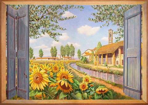 Casolare tra i girasoli Black Ornate Wood Framed Art Print with Double Matting by Del Missier, Andrea