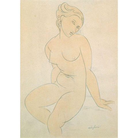 Seated Female Nude Gold Ornate Wood Framed Art Print with Double Matting by Amedeo, Modigliani