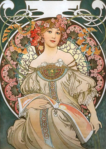 Reverie Black Ornate Wood Framed Art Print with Double Matting by Mucha, Alphonse