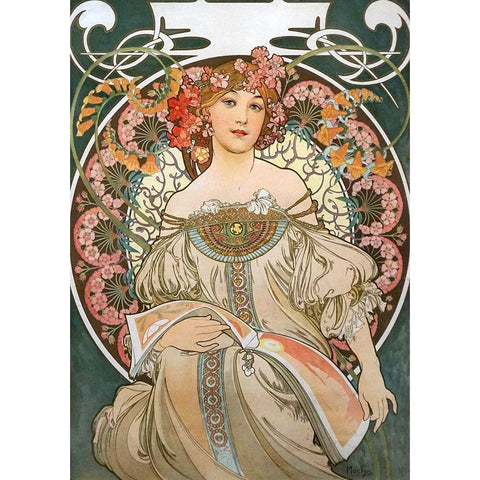 Reverie Gold Ornate Wood Framed Art Print with Double Matting by Mucha, Alphonse