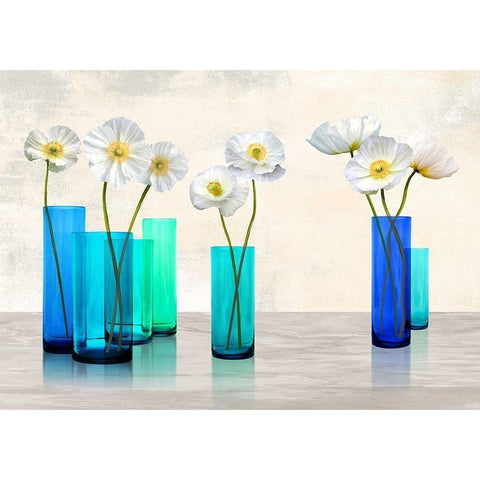 Poppies in crystal vases (Aqua palette) White Modern Wood Framed Art Print by Cynthia, Ann