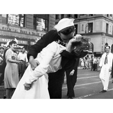 Kissing the War Goodbye in Times Square 1945 Black Modern Wood Framed Art Print with Double Matting by Jorgensen, Victor