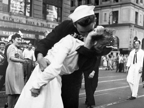 Kissing the War Goodbye in Times Square 1945 White Modern Wood Framed Art Print with Double Matting by Jorgensen, Victor