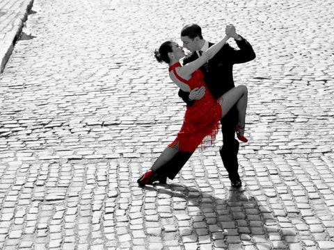 Couple dancing Tango on cobblestone road White Modern Wood Framed Art Print with Double Matting by Anonymous