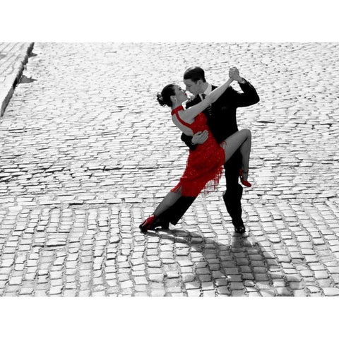 Couple dancing Tango on cobblestone road Black Modern Wood Framed Art Print by Anonymous