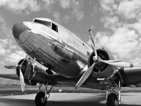 DC-3 in air field, Arizona Black Ornate Wood Framed Art Print with Double Matting by Anonymous
