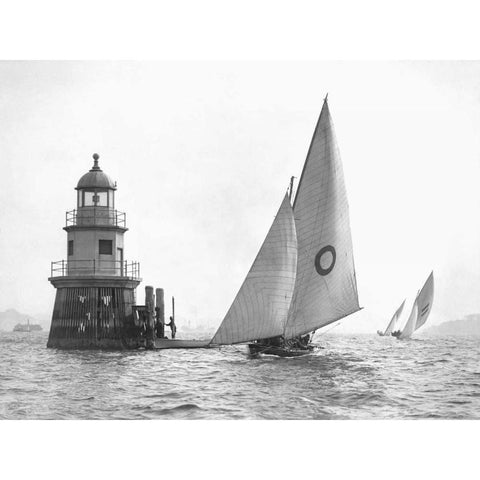 Sloop and Channel Pile Light on Sydney Harbour Black Modern Wood Framed Art Print with Double Matting by Anonymous