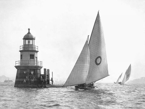 Sloop and Channel Pile Light on Sydney Harbour Black Ornate Wood Framed Art Print with Double Matting by Anonymous