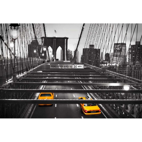 Taxi on Brooklyn Bridge, NYC Black Modern Wood Framed Art Print with Double Matting by Anonymous