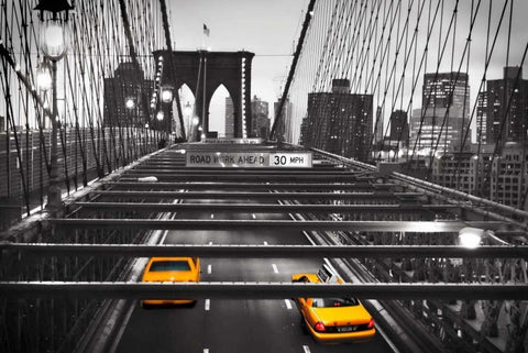 Taxi on Brooklyn Bridge, NYC White Modern Wood Framed Art Print with Double Matting by Anonymous