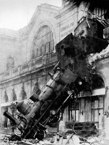 Train wreck at Montparnasse, Paris, 1895 White Modern Wood Framed Art Print with Double Matting by Anonymous