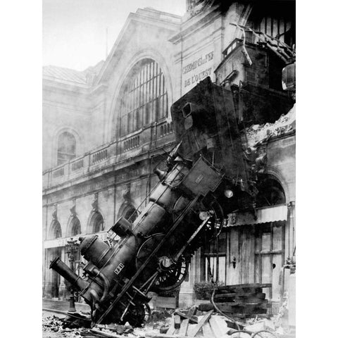 Train wreck at Montparnasse, Paris, 1895 Gold Ornate Wood Framed Art Print with Double Matting by Anonymous