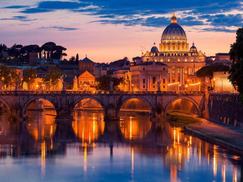 Night view at St. Peters cathedral, Rome White Modern Wood Framed Art Print with Double Matting by Anonymous