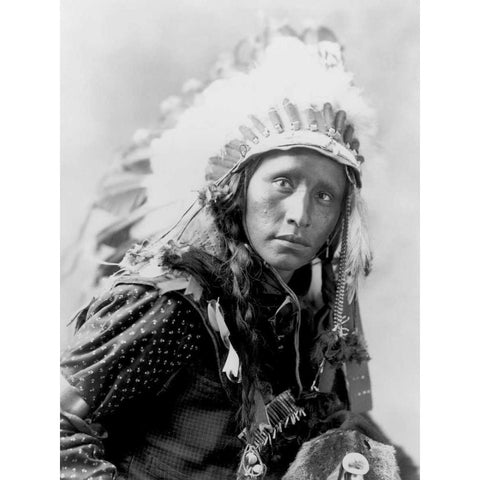 Indian wearing White War Bonnet- 1900 Black Modern Wood Framed Art Print with Double Matting by Anonymous