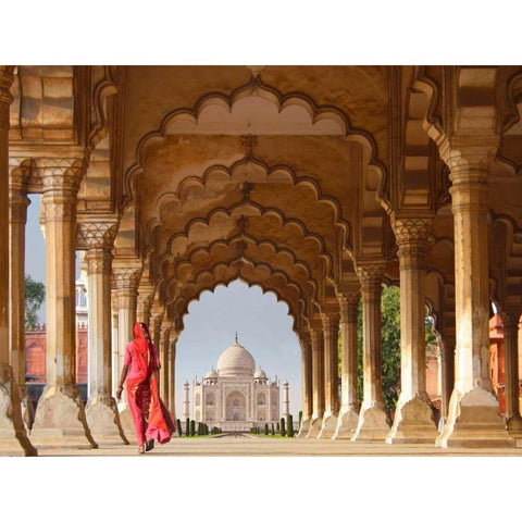 Woman in traditional Sari walking towards Taj Mahal Black Modern Wood Framed Art Print by Pangea Images