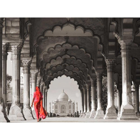 Woman in traditional Sari walking towards Taj Mahal White Modern Wood Framed Art Print by Pangea Images