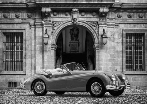 Luxury Car in front of Classic Palace (BW) White Modern Wood Framed Art Print with Double Matting by Gasoline Images