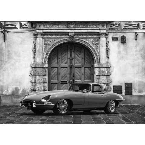 Roadster in front of Classic Palace (BW) Black Modern Wood Framed Art Print with Double Matting by Gasoline Images