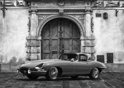 Roadster in front of Classic Palace (BW) White Modern Wood Framed Art Print with Double Matting by Gasoline Images