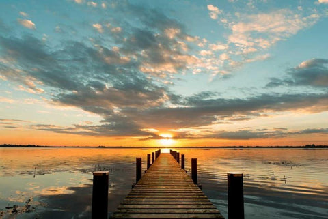 Morning Lights on a Jetty White Modern Wood Framed Art Print with Double Matting by Pangea Images